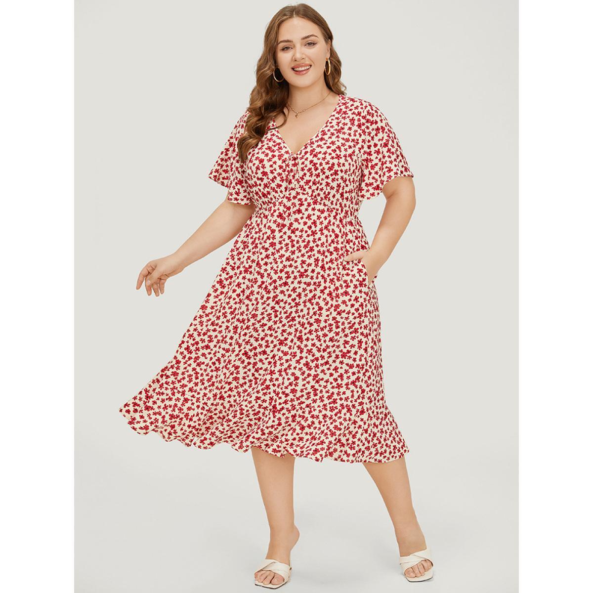 Plus Size Ditsy Floral Knot Front Pocket Ruffle Hem Dress Red Women Elegant Knotted V-neck Short sleeve Curvy Midi Dress BloomChic 26/4X Product Image