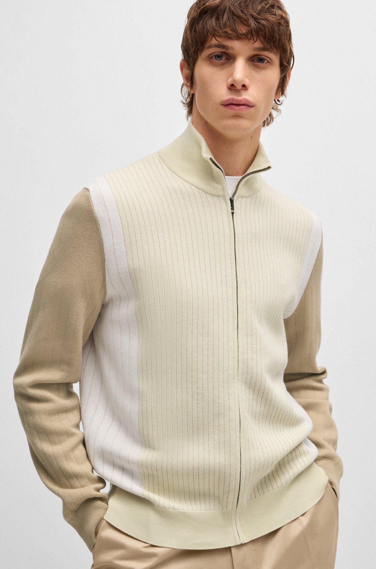 Zip-up cotton cardigan with knitted pinstripes Product Image
