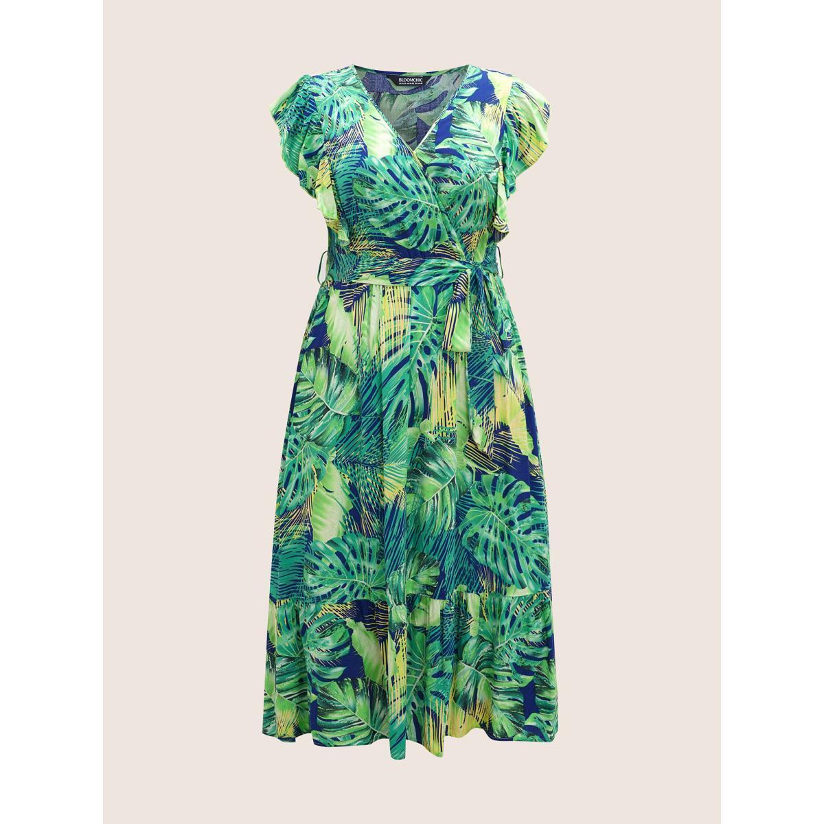 Plus Size Tropical Print Overlap Collar Ruffle Cap Sleeve Dress DarkBlue Women Resort Belted Overlap Collar Cap Sleeve Curvy BloomChic 22-24/3X Product Image