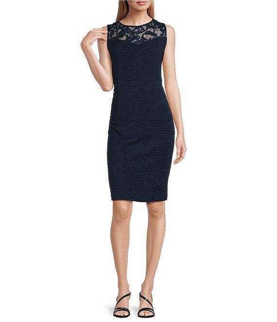 Le Bos Round Neck 3/4 Sleeve Embroidered Mesh Trim Textured 2-Piece Jacket Dress Product Image