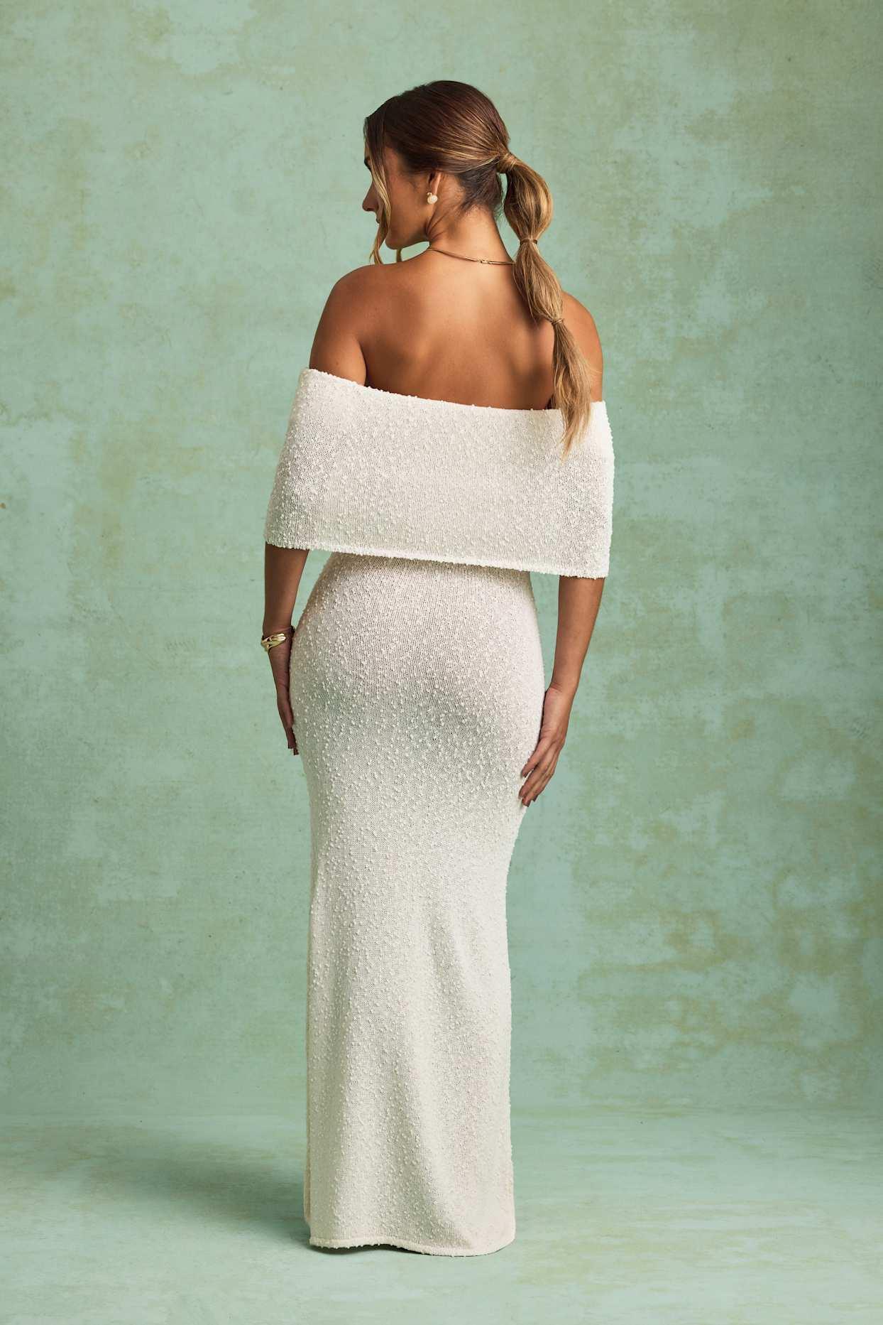 Bouclé Off-Shoulder Maxi Dress in White Product Image