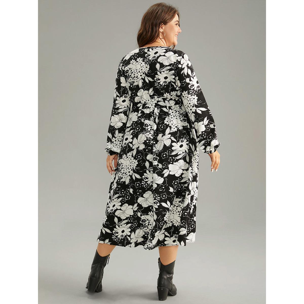 Plus Size Floral Belted V Neck Lantern Sleeve Dress Black Women Casual Elastic cuffs V-neck Long Sleeve Curvy Midi Dress BloomChic 28/5X Product Image