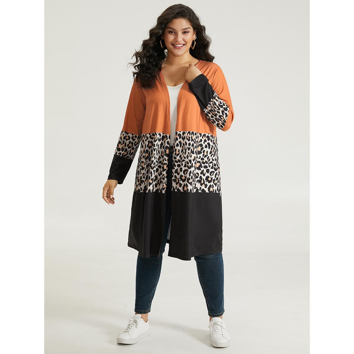 Plus Size Halloween Leopard Print Contrast Open Front Kimono Women Multicolor Casual Contrast Dailywear Kimonos BloomChic 10/M Product Image