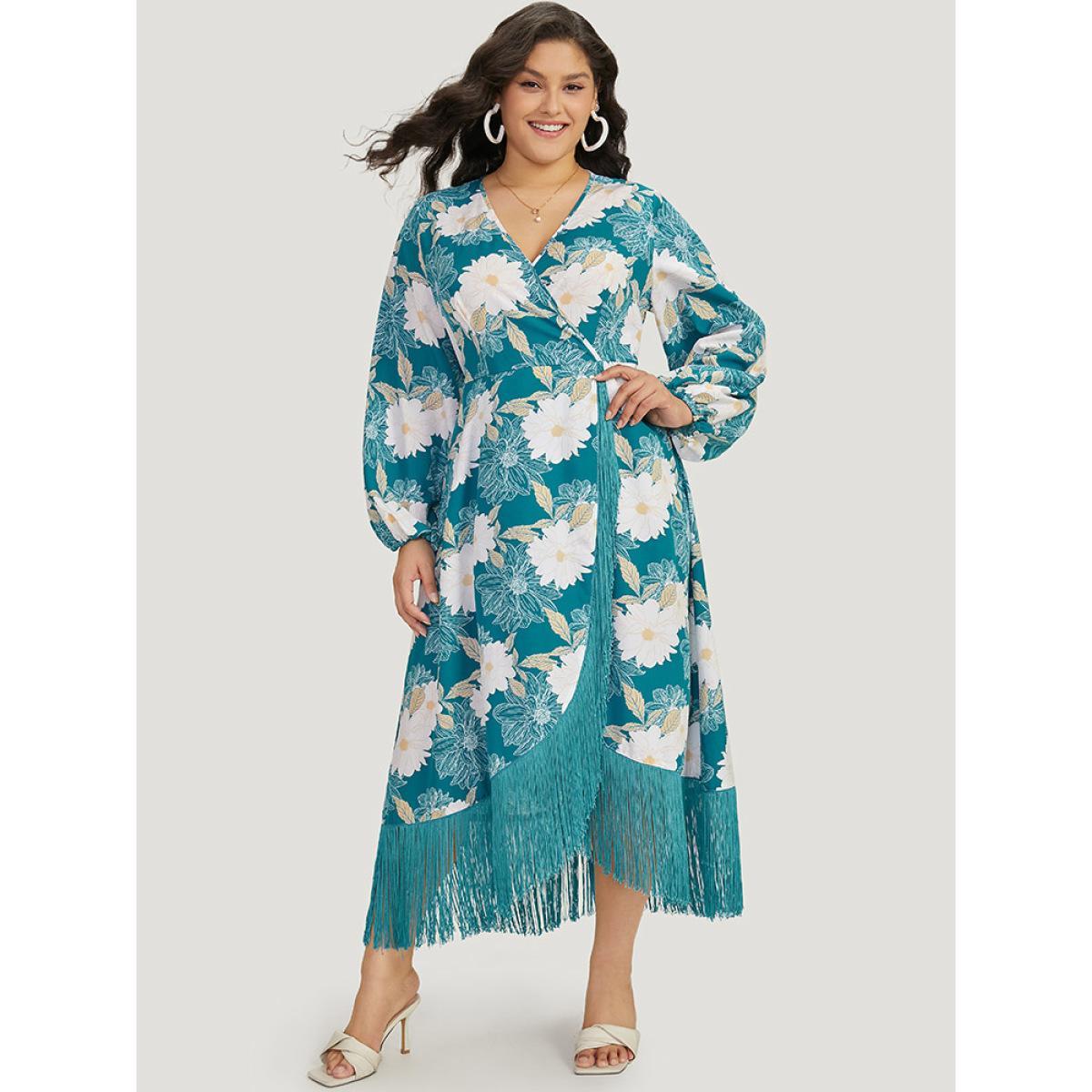 Plus Size Floral Print Wrap Tassel Trim Lantern Sleeve Dress Cerulean Women Elegant Elastic cuffs V-neck Long Sleeve Curvy Midi Dress BloomChic 12/L Product Image