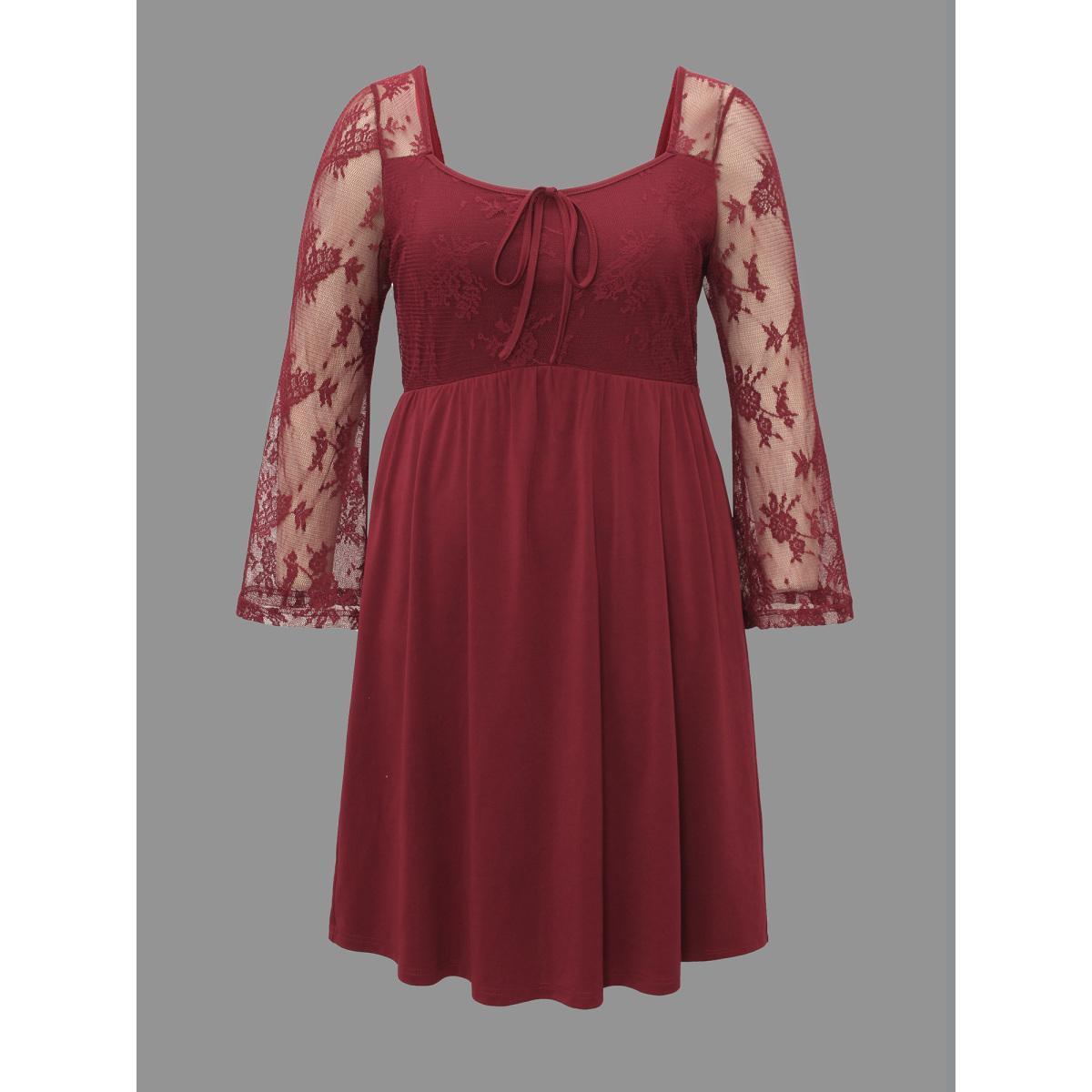 Plus Size Crochet Lace Mesh Bell Sleeve Dress Scarlet Women Elegant Woven ribbon&lace trim Heart neckline Long Sleeve Curvy BloomChic 22-24/3X Product Image
