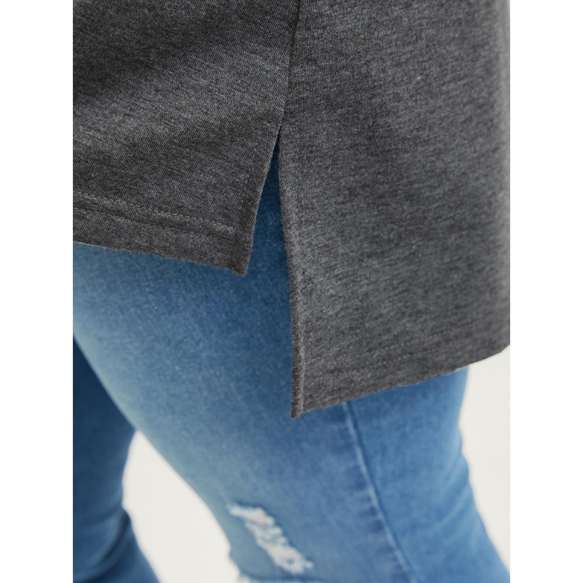 Plus Size Solid Asymmetrical Hem Distressed Drop Shoulder Sweatshirt Women DimGray Casual Plain Round Neck Dailywear Sweatshirts BloomChic 28/5X Product Image