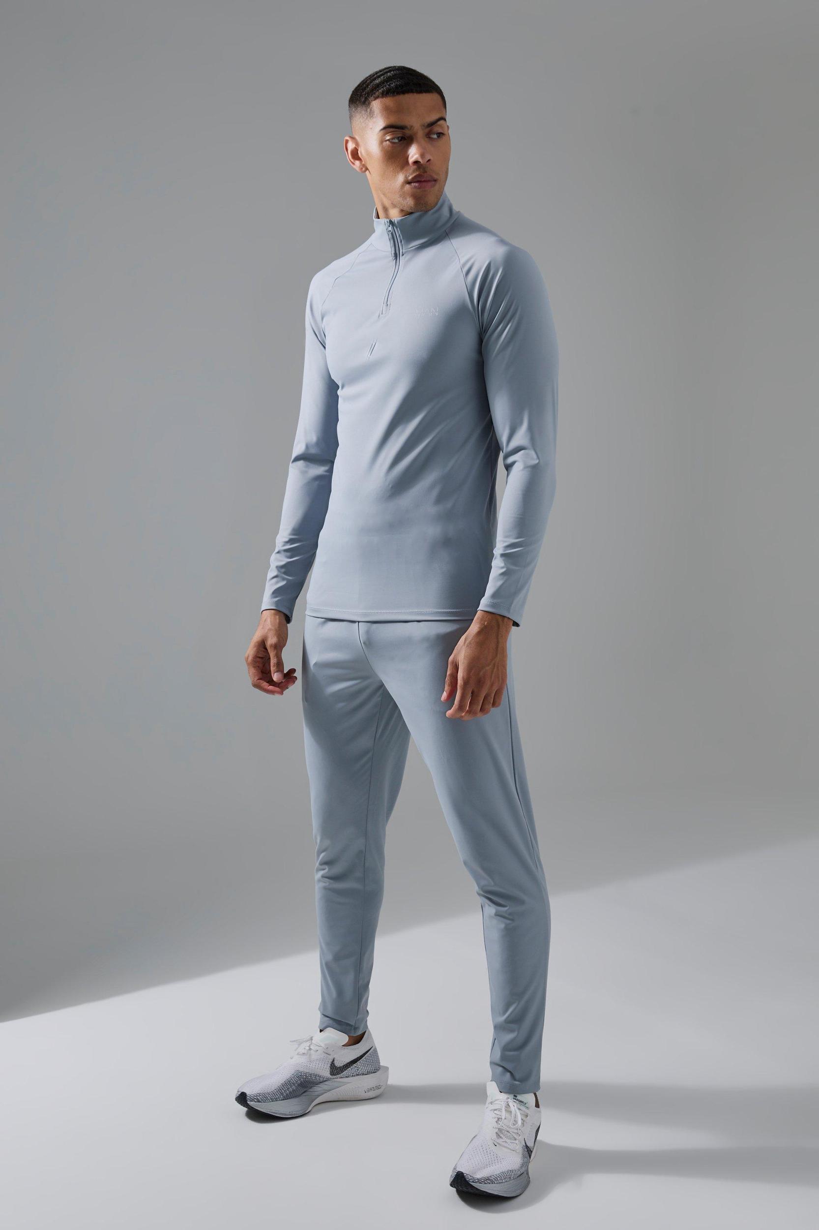 Mens Man Active Workout 1/4 Zip Muscle Fit Tracksuit - Grey Product Image