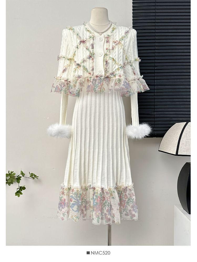 Set: Patchwork Ribbed V-Neck Dress + Shawl Product Image