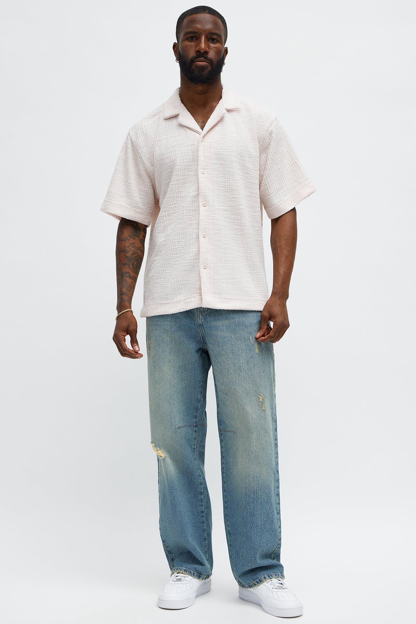 Slub Terry Cuban Button Up Shirt - Pink Product Image