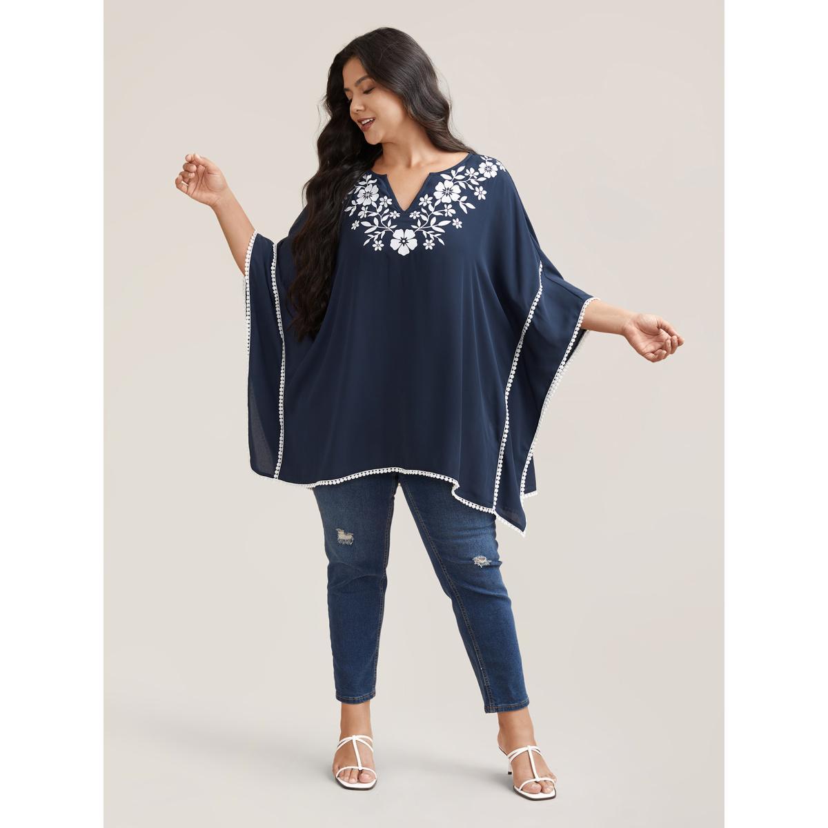 Plus Size Indigo Printed Neckline Lace Spliced Loose Shirt Women Resort Elbow-length sleeve Flat collar with V-notch Vacation Blouses BloomChic 10/M Product Image