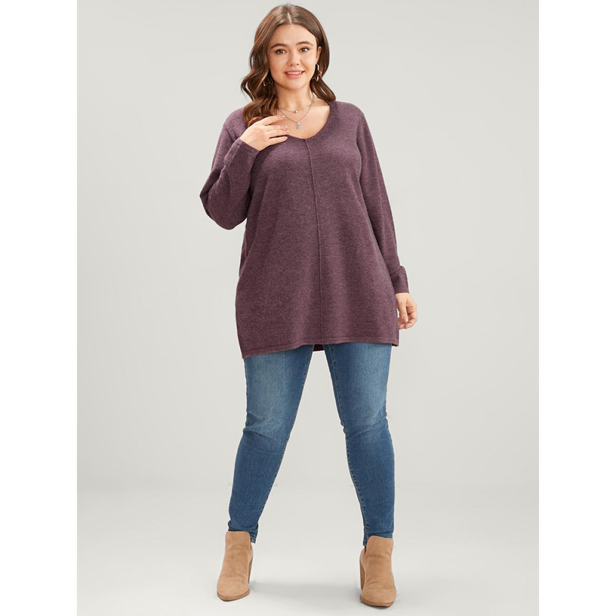 Plus Size Solid Pointelle Knit V Neck Heather Knit Top Russet Women Casual Loose Long Sleeve V-neck Dailywear Pullovers BloomChic 26/4X Product Image