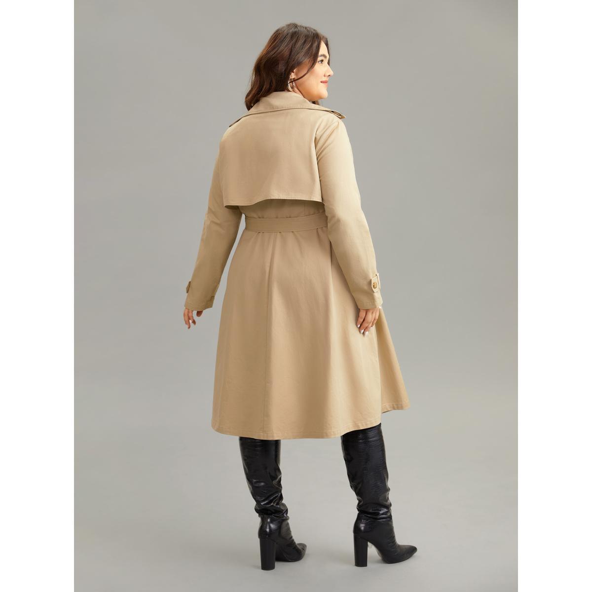 Plus Size Lapel Collar Belted Buckle Detail Double Breasted Coat Women Apricot Casual Lined Ladies Dailywear Winter Coats BloomChic 14-16/1X Product Image