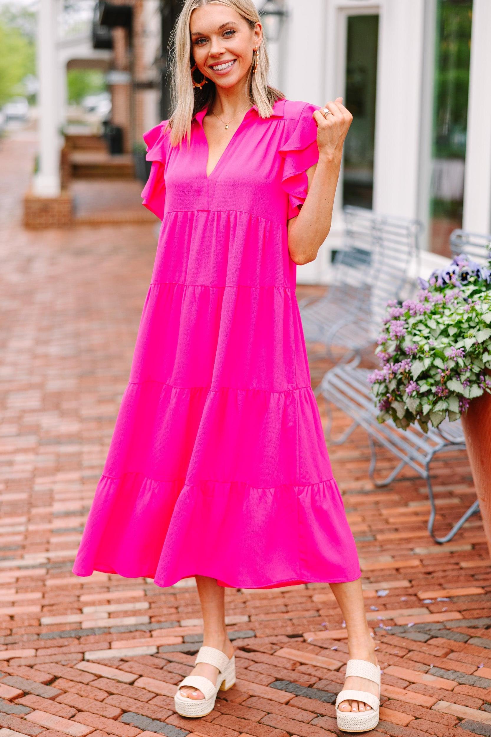Look You Up Fuchsia Pink Ruffled Midi Dress Female Product Image