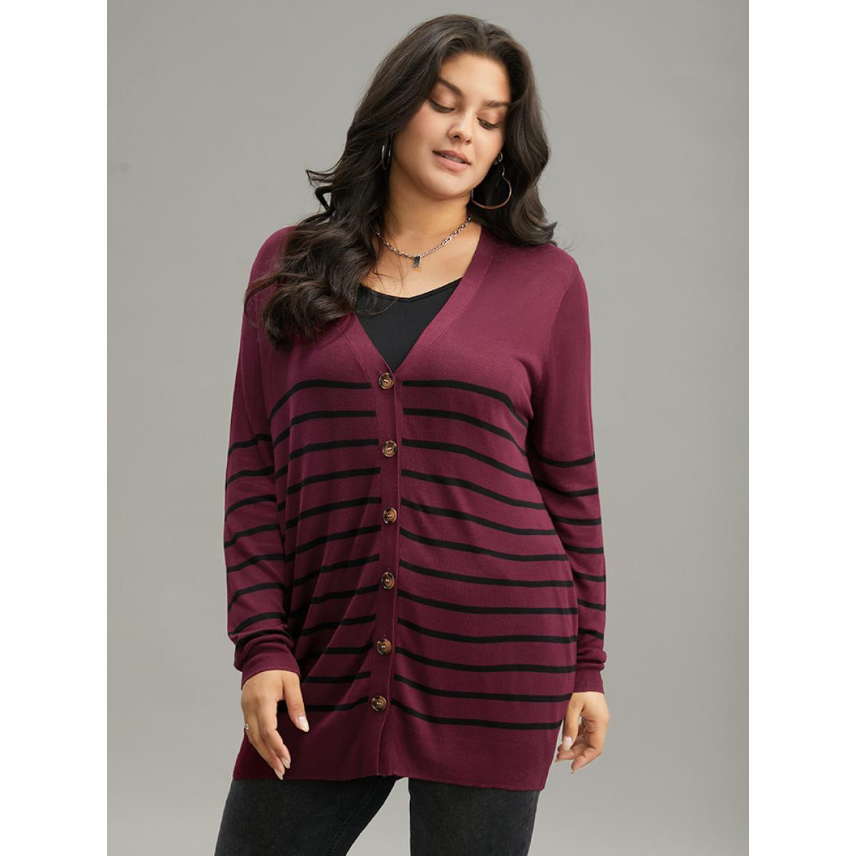 Plus Size Supersoft Essentials Striped Button Fly Tunic Cardigan Burgundy Women Casual Loose Long Sleeve Dailywear Cardigans BloomChic 30/6X Product Image
