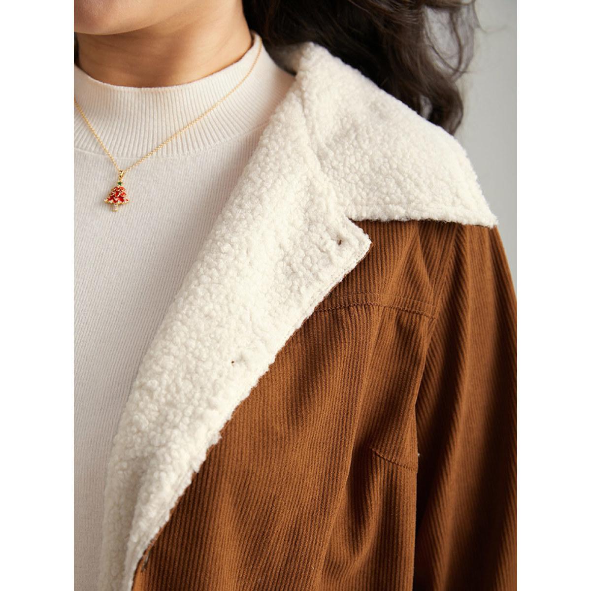 Plus Size Corduroy Lapel Collar Fuzzy Patchwork Button Fly Coat Women Maroon Casual Contrast Ladies Dailywear Winter Coats BloomChic 18-20/2X Product Image