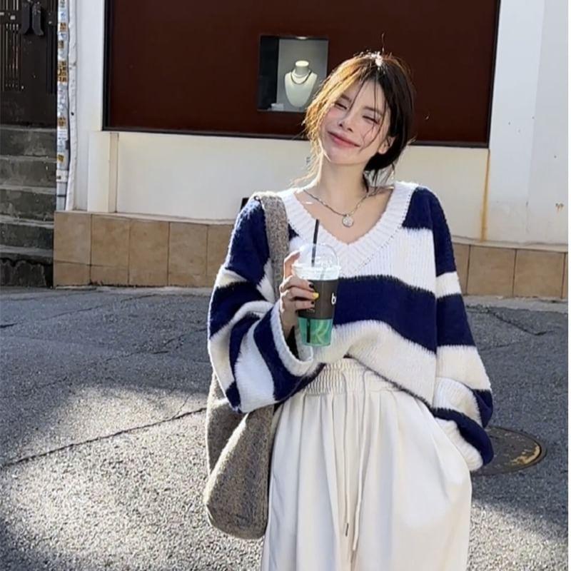 V-Neck Striped Oversized Sweater / Drawstring Waist Plain Wide Leg Pants Product Image