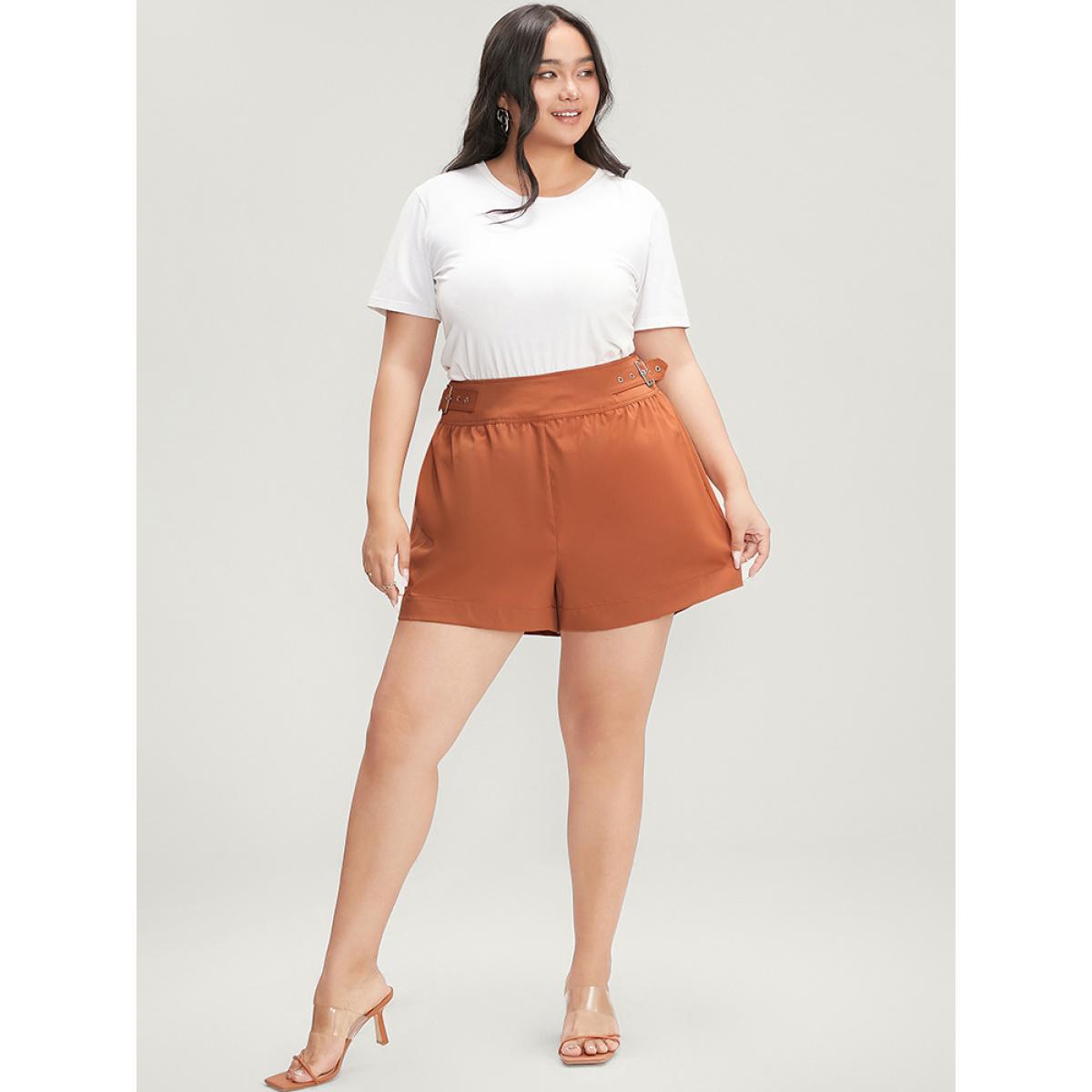 Plus Size Solid Buckle Detail Zipper Back Shorts Women Rust Office Plain Loose Dailywear Shorts BloomChic 10/M Product Image