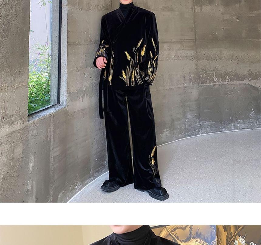 Set: Embroidered Velvet Tie Front Jacket + Mid Rise Wide Leg Dress Pants Product Image