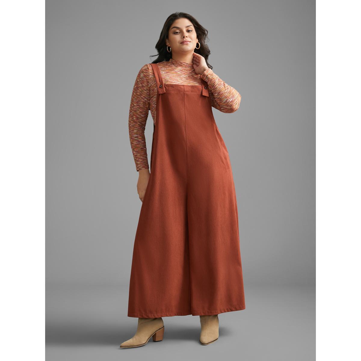 Plus Size Rust Solid Corduroy Wide Leg Overall Women Casual Sleeveless Non Everyday Loose Jumpsuits BloomChic 22-24/3X Product Image
