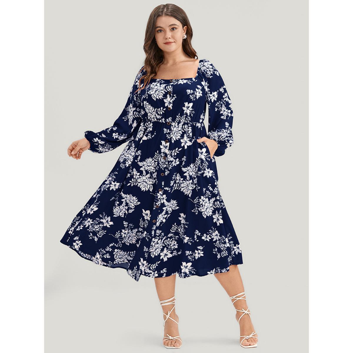 Plus Size Floral Square Neck Lantern Sleeve Pocket Button Detail Dress DarkBlue Women Dating Printed Square Neck Long Sleeve Curvy Midi Dress BloomChic 12/L Product Image