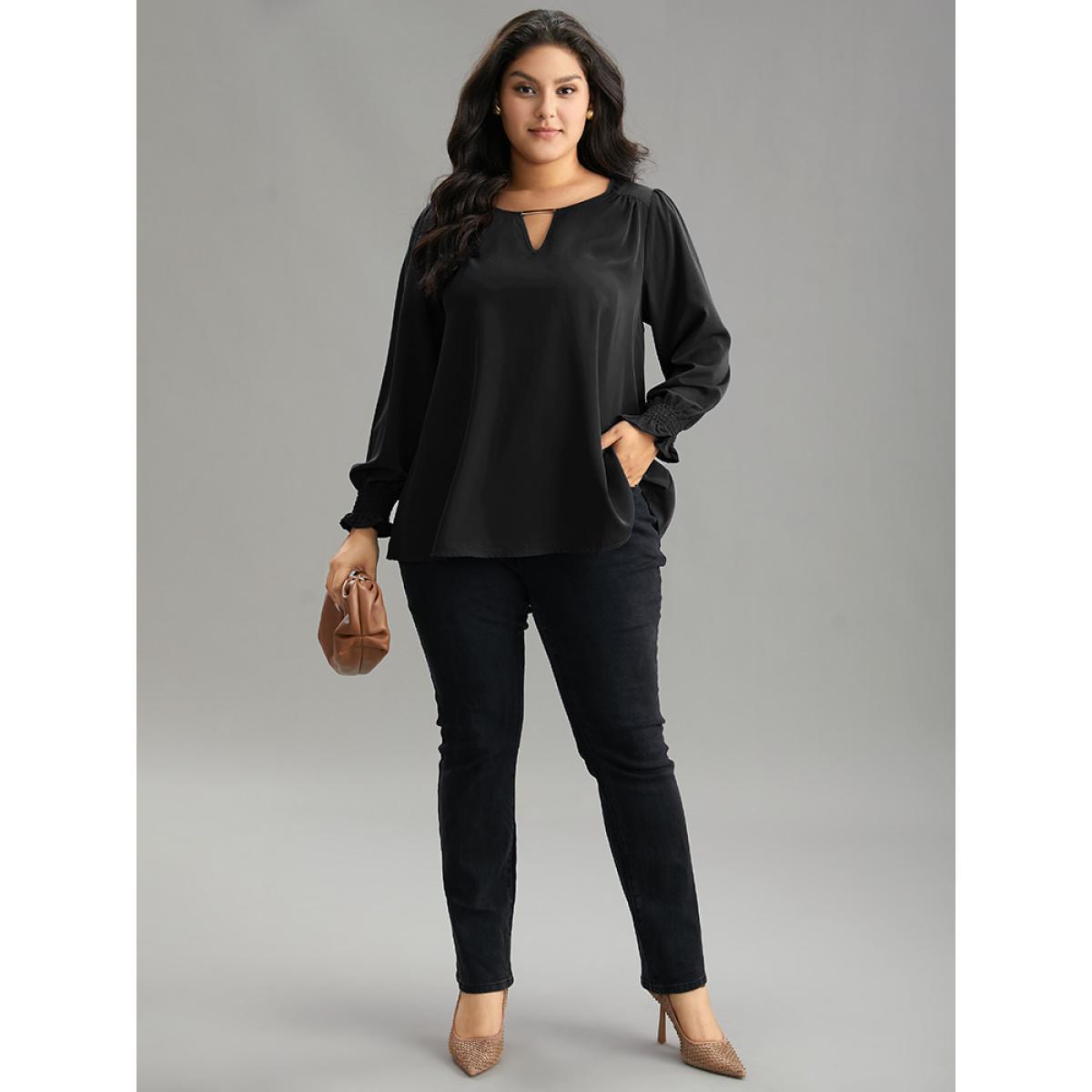 Plus Size Black Static-Free Plain Metal Detail Keyhole Shirred Blouse Women Office Long Sleeve Keyhole Cut-Out Work Blouses BloomChic 30/6X Product Image