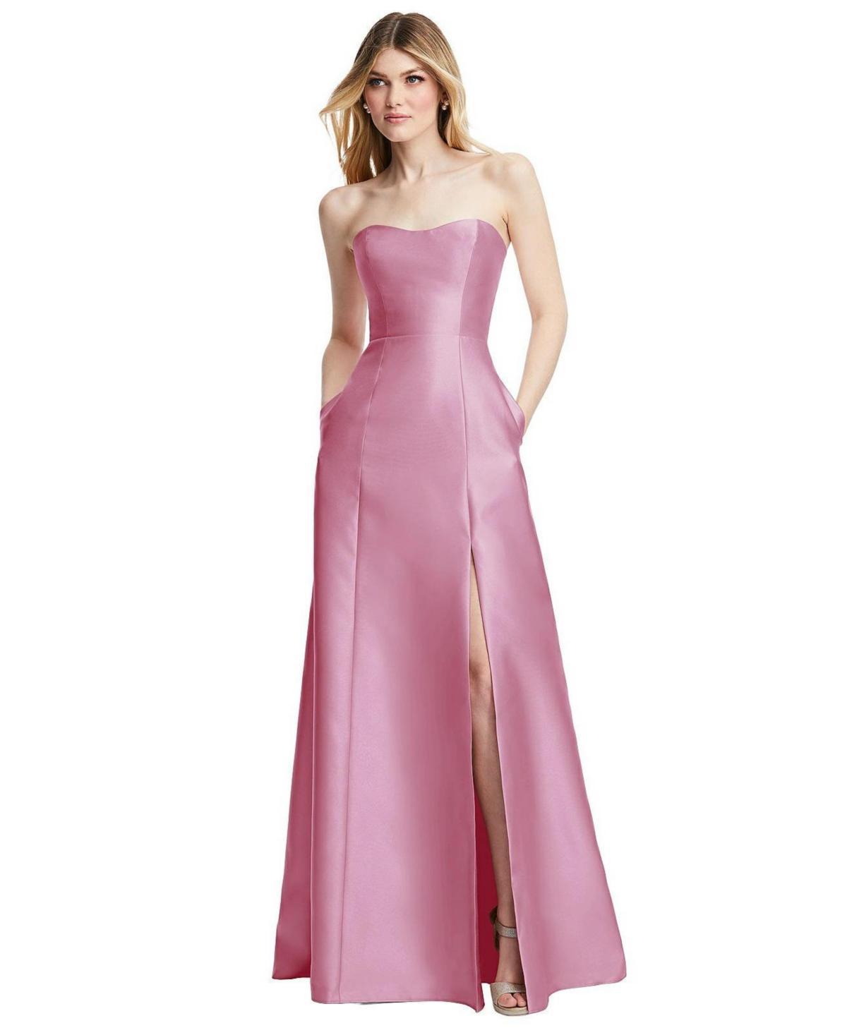Womens Strapless A-line Satin Gown with Modern Bow Detail Product Image