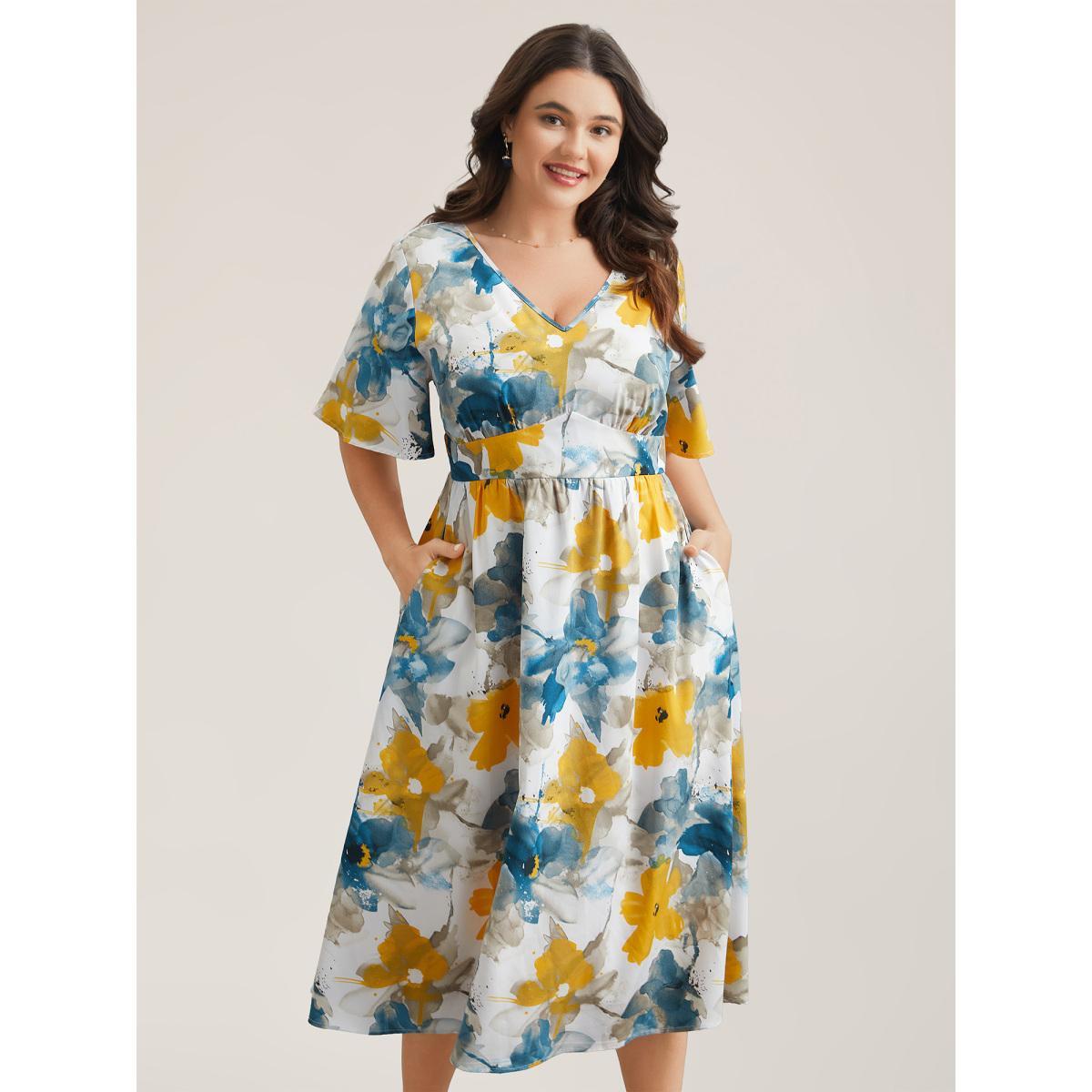 Plus Size Floral Wrap Neck Fit & Flare Dress Aegean Women Elegant Gathered V-neck Short sleeve Curvy BloomChic 28/5X Product Image