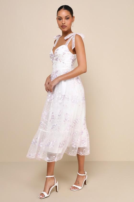 Distinctly Sweet White Floral Embroidered Tie-Strap Midi Dress Product Image