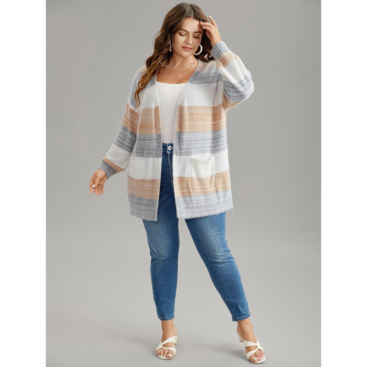 Plus Size Fuzzy Colorblock Heather Drop Shoulder Cardigan Multicolor Women Casual Loose Long Sleeve Dailywear Cardigans BloomChic 26/4X Product Image