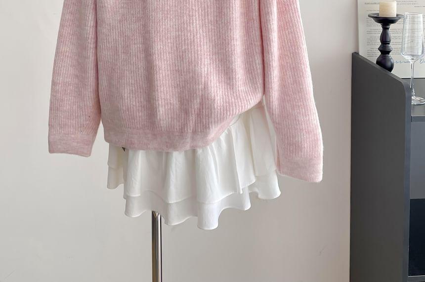 V-Neck Plain Ribbed Cardigan Product Image