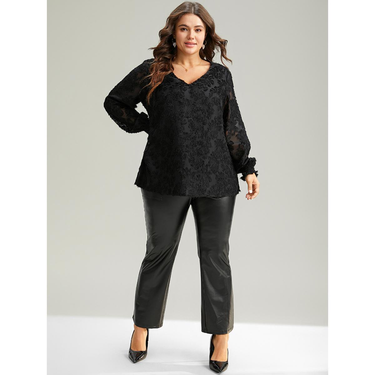 Plus Size Black Plain Appliques Mesh V Neck Shirred Blouse Women Glamour Long Sleeve V-neck Festival-Christmas Blouses BloomChic 28/5X Product Image