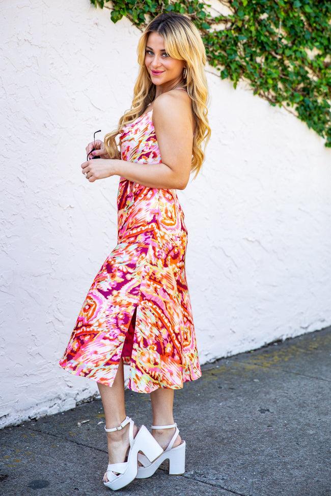 In Full Bloom Abstract Print Cowl Neck Satin Floral Midi Dress   FINAL SALE Product Image