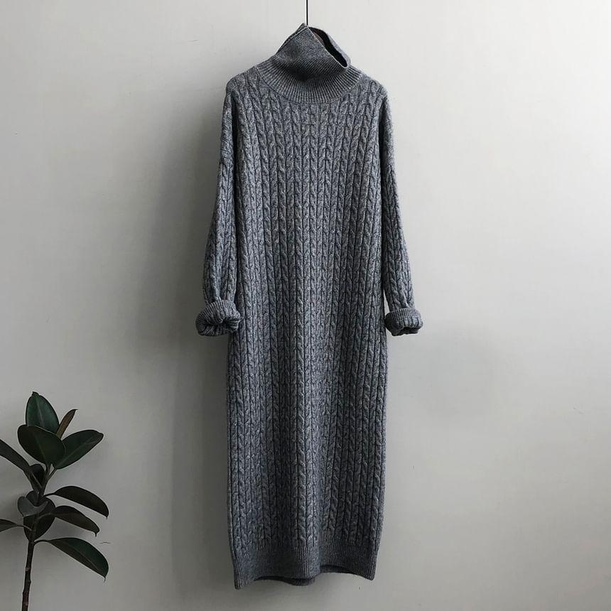 Turtleneck Cable Knit Plain Sweater Dress Product Image