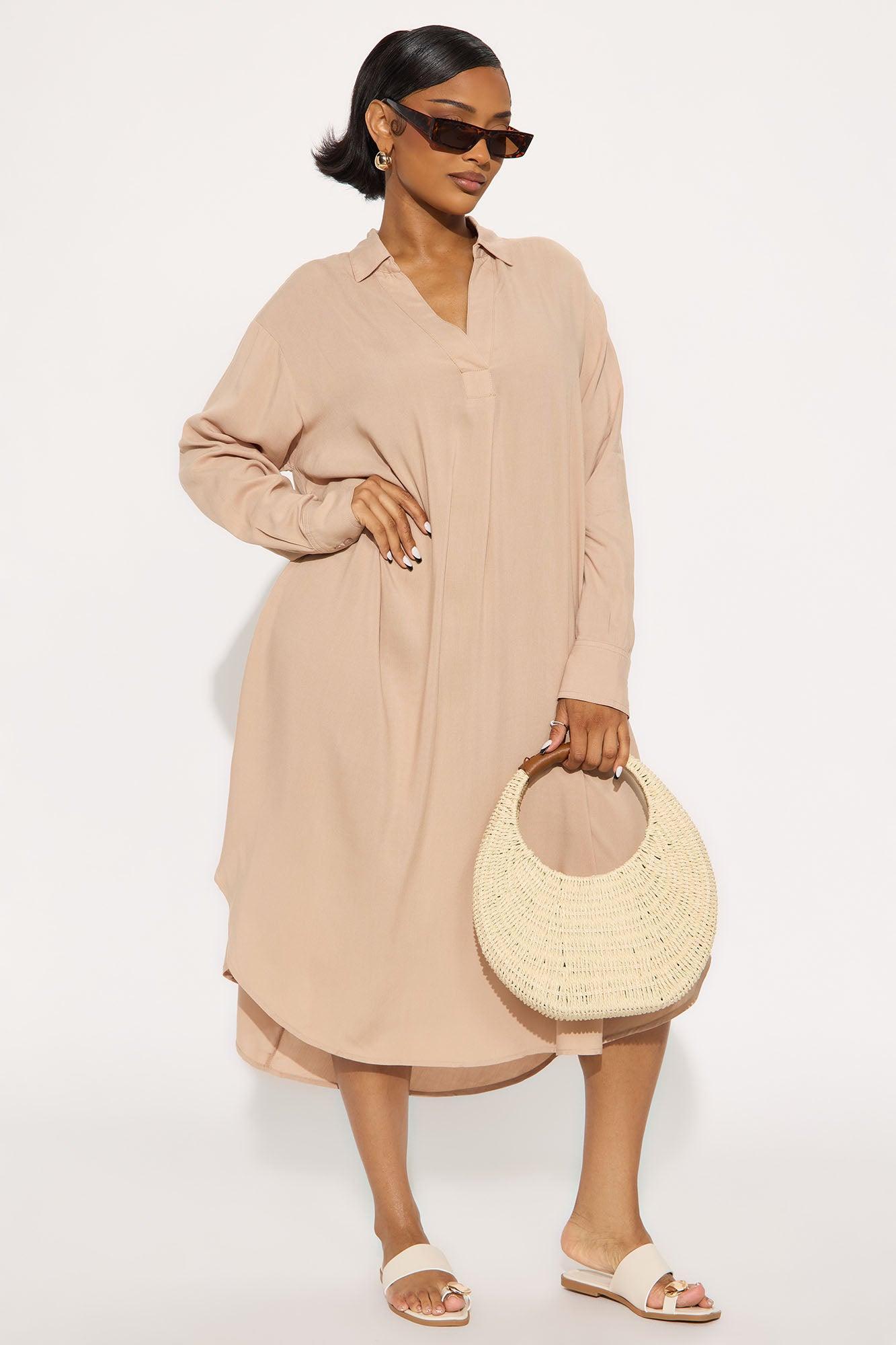 Beach Stroll Long Sleeve Shirt Midi Dress - Mocha Product Image