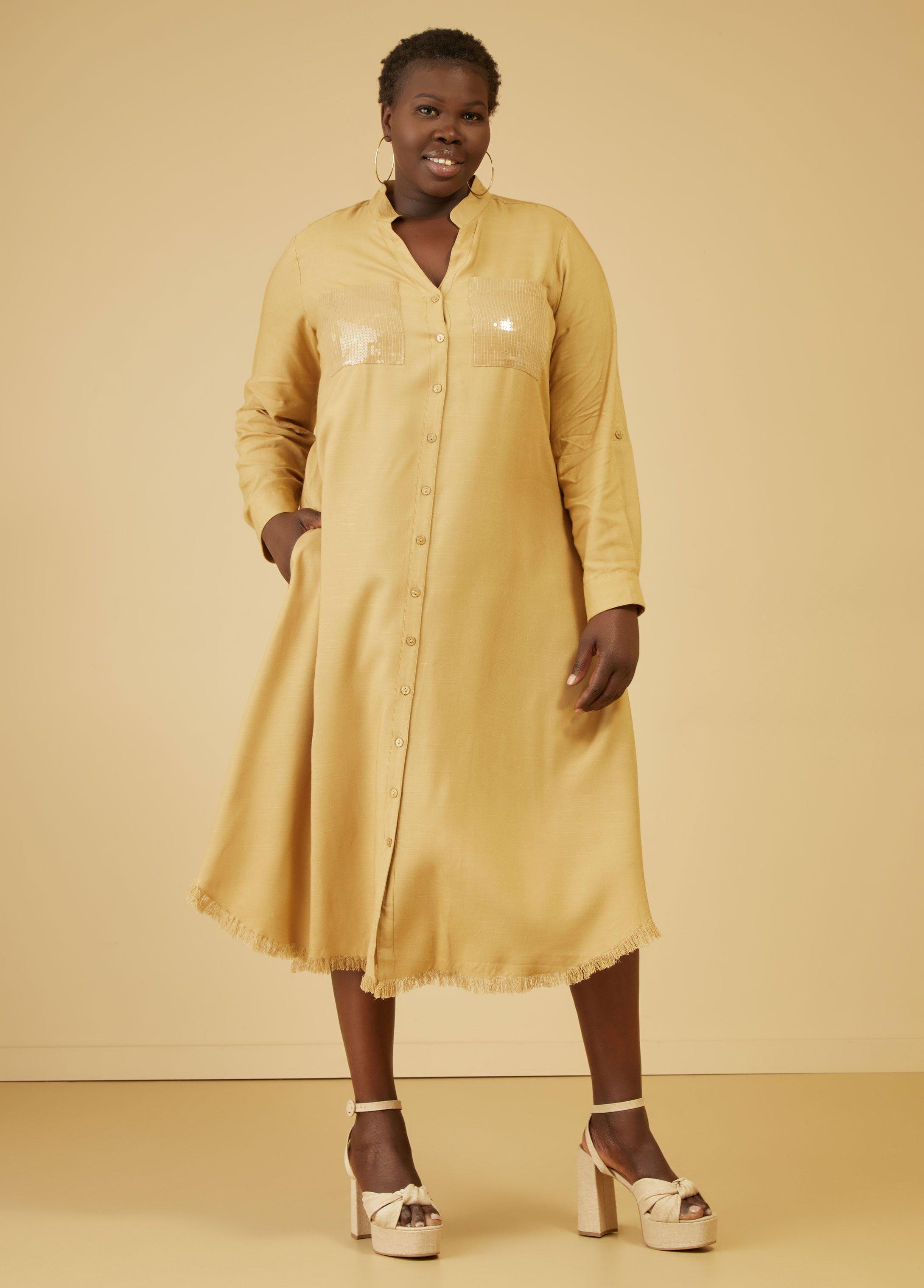 Plus Size Sequined Slub Woven Shirtdress Ashley Stewart Product Image