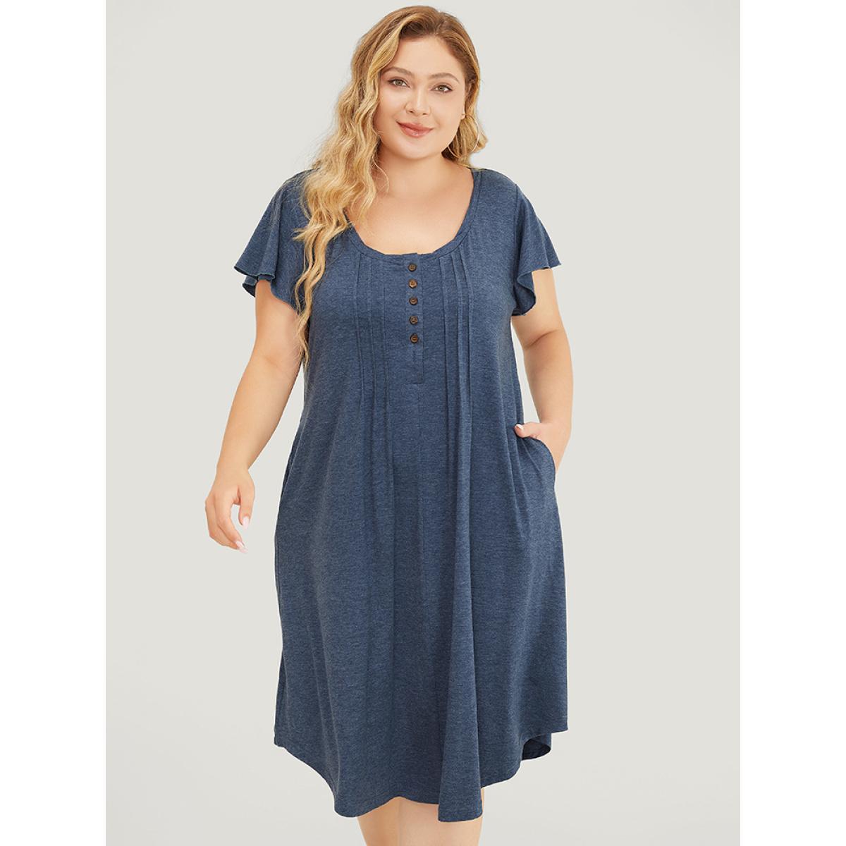 Plus Size Plain Pleated Ruffle Sleeve Pocket Button Up Curved Hem Dress Stone Women Casual Arc Hem Round Neck Cap Sleeve Curvy Midi Dress BloomChic 22-24/3X Product Image