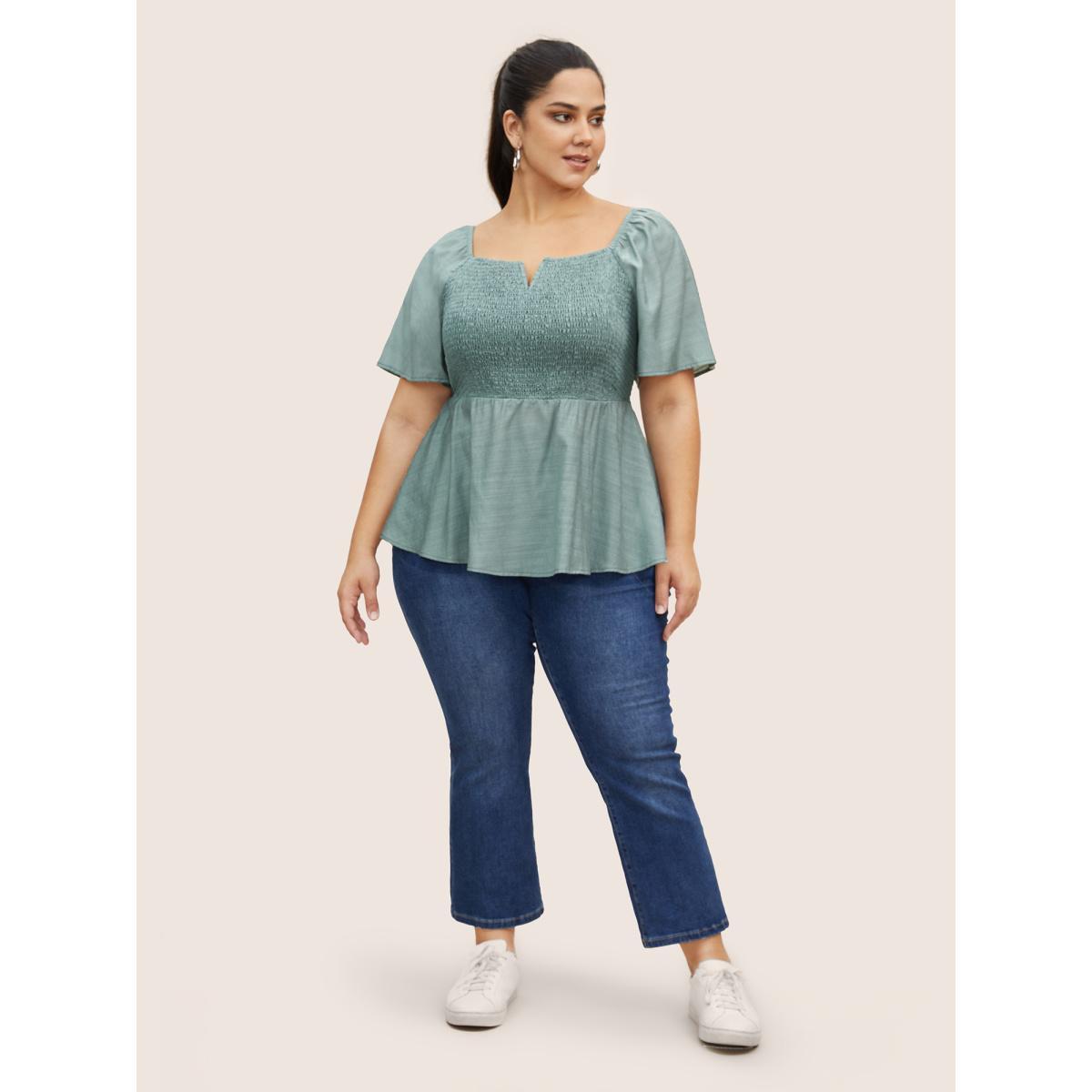 Plus Size Emerald Notched Collar Shirred Ruffle Sleeve Blouse Women Casual Half Sleeve Notched collar Everyday Blouses BloomChic 30/6X Product Image