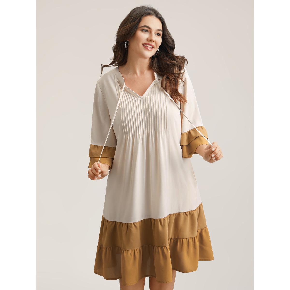 Plus Size Color Block Neck-Tie Tiered Midi Dress Multicolor Women Casual Tucked seam Notched collar Elbow-length sleeve Curvy BloomChic 18-20/2X Product Image