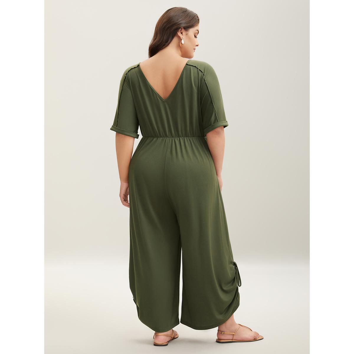 Plus Size ArmyGreen Tie-Up Hem Pull-Over Stretch Jumpsuit Women Short sleeve V-neck Vacation Loose Jumpsuits BloomChic 30/6X Product Image