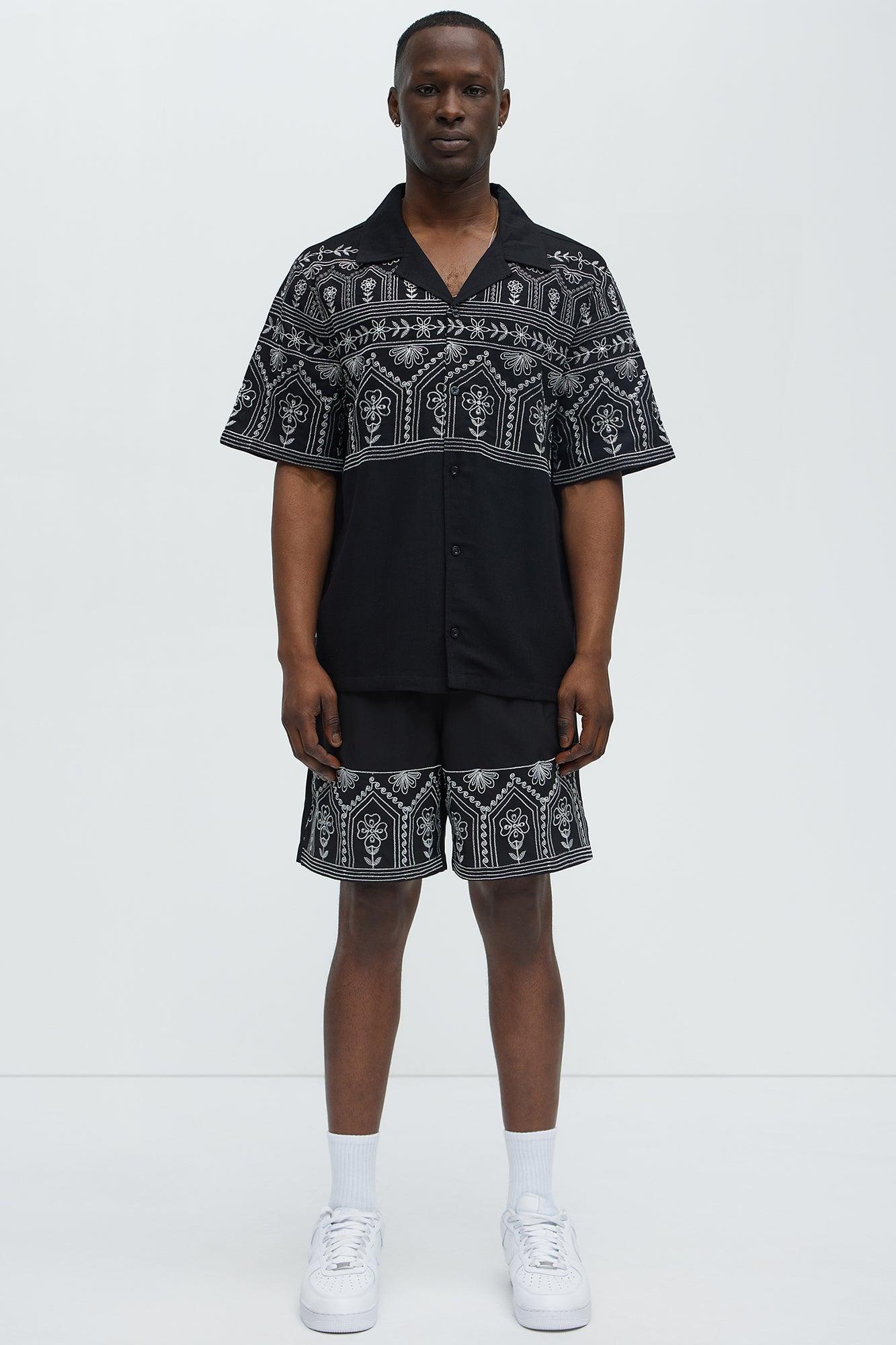 Embroidered Floral Cuban Collar Button Up Shirt - Black/combo Product Image