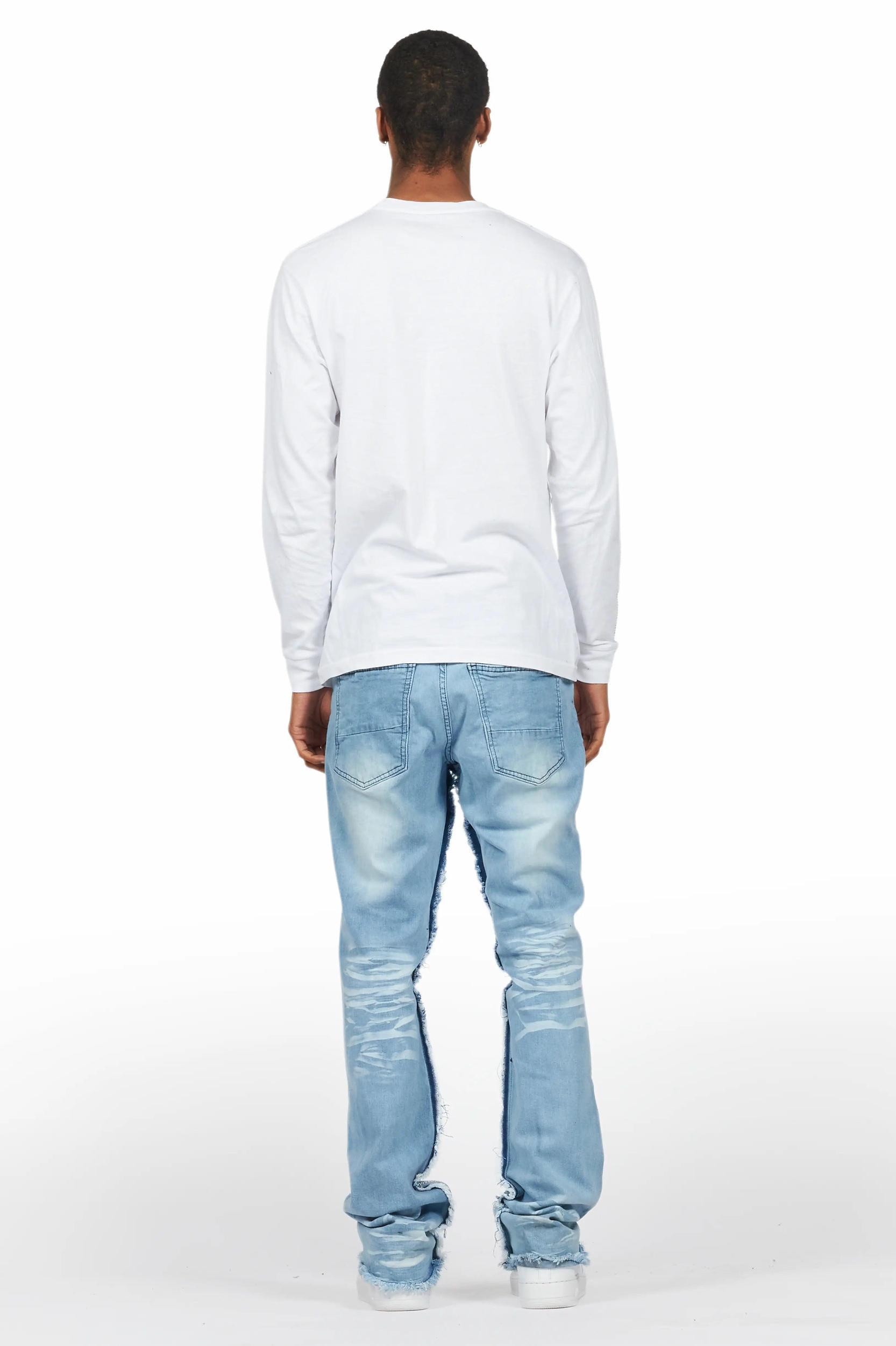 Amos White/Blue Rhinestone Long Sleeve T-Shirt/Stacked Flare Jean Set Male Product Image
