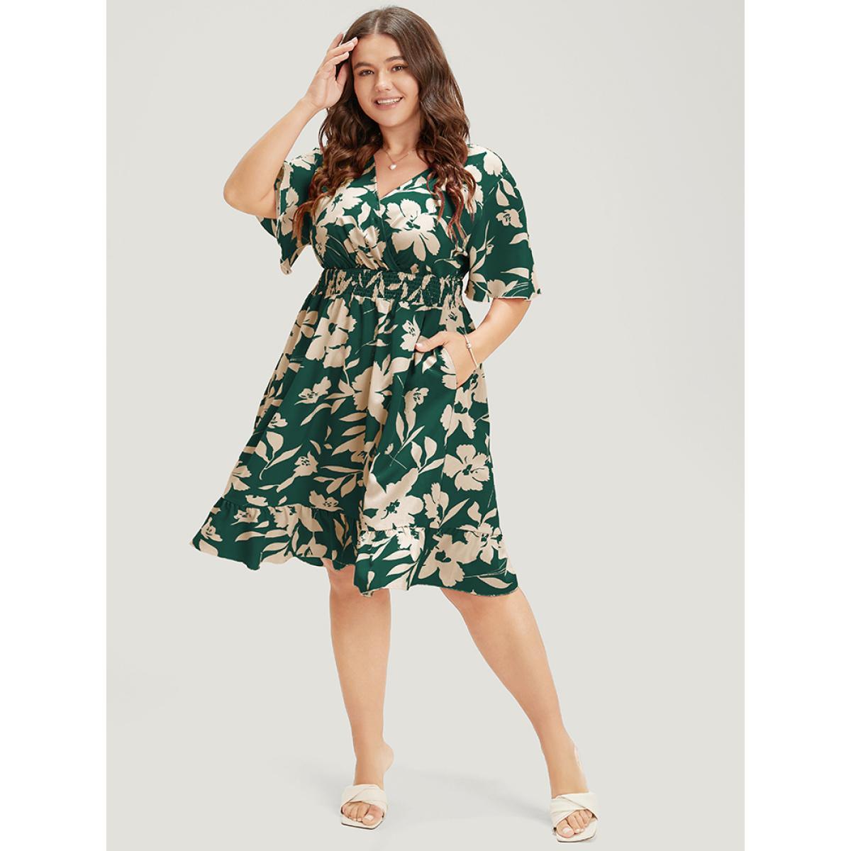 Plus Size Floral Surplice Neck Flutter Pocket Shirred Knee Dress DarkGreen Women Elegant Pocket V-neck Short sleeve Curvy Knee Dress BloomChic 30/6X Product Image