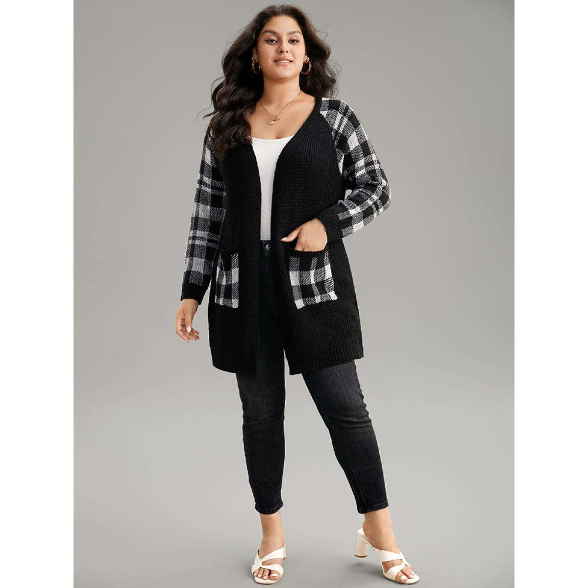 Plus Size Plaid Patchwork Patched Pocket Raglan Sleeve Cardigan Black Women Casual Loose Long Sleeve Dailywear Cardigans BloomChic 14-16/1X Product Image