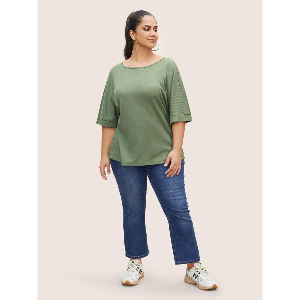 Plus Size Waffle Knit Boat Neck Dolman Sleeve T-shirt Moss Women Casual Texture Boat Neck Everyday T-shirts BloomChic 22-24/3X Product Image