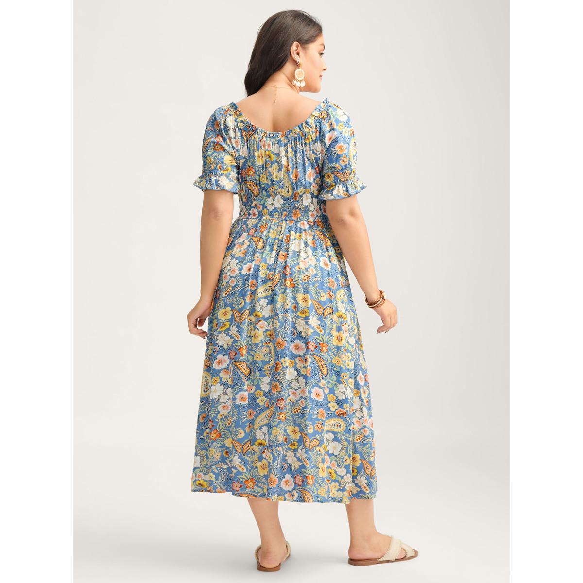 Plus Size Rayon Paisley Ruffled Shirred Waist Midi Dress Skyblue Women Square Neck Short sleeve Curvy BloomChic 26/4X Product Image