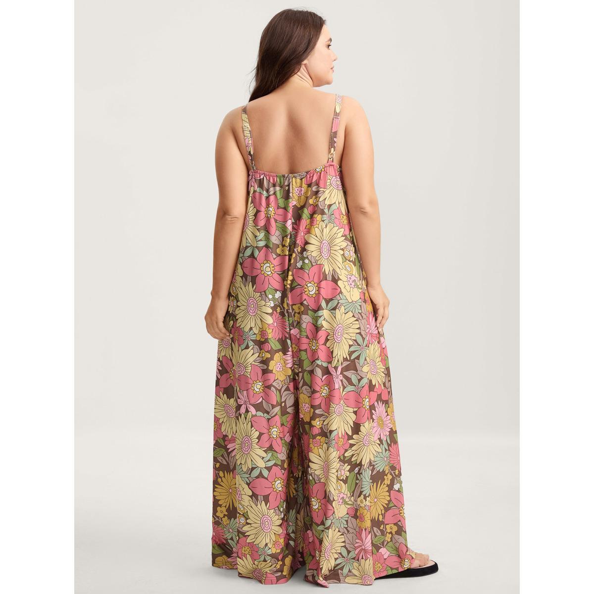 Plus Size Yellowishbrown Vivid Groove Stretchy Adjustable Jumpsuit Women Sleeveless Non Everyday-Casual Loose Jumpsuits BloomChic 12/L Product Image