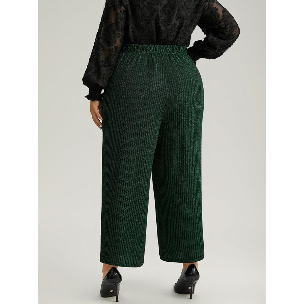 Plus Size Plain Texture Luxe Elastic Waist Straight Leg Pants Women Green Glamour Straight Leg High Rise Festival-Christmas Pants BloomChic 28/5X Product Image