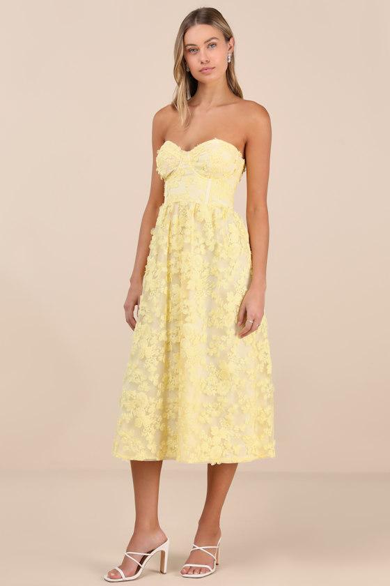 Quite Perfect Yellow Floral Embroidered Strapless Midi Dress Product Image