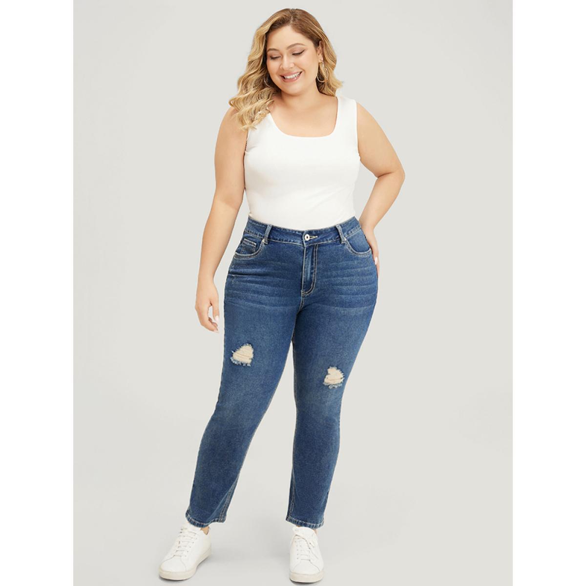 Plus Size Straight Leg Very Stretchy High Rise Medium Wash Jeans Women Indigo Casual Plain Distressed High stretch Pocket Jeans BloomChic 12/L Product Image