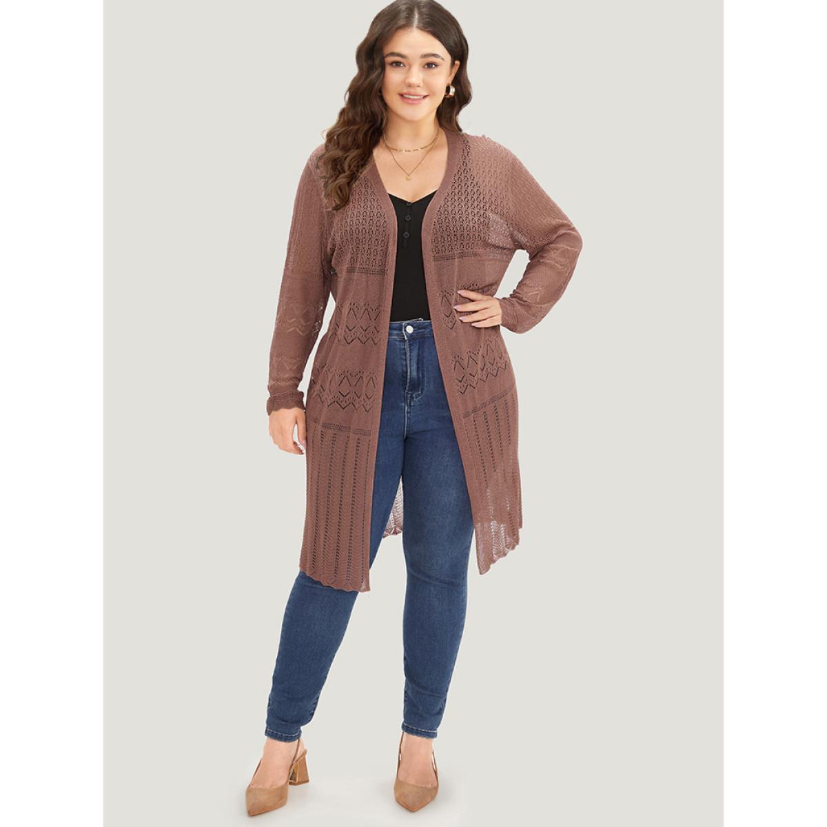 Plus Size Geometric Eyelet Open Front Maxi Cardigan Rust Women Casual Loose Long Sleeve Everyday Cardigans BloomChic 14-16/1X Product Image